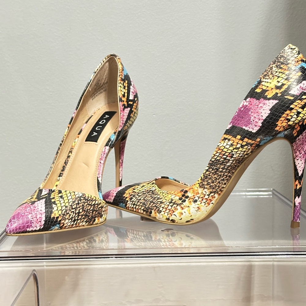 Aqua multicolor snake skin heels